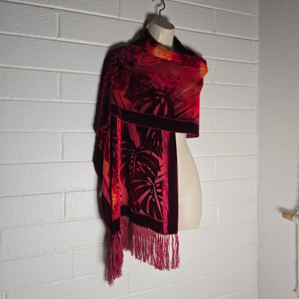 Vtg Scarf Wrap Velvet Burnout Floral Fringe Maximalist Boho Hippie Romantic